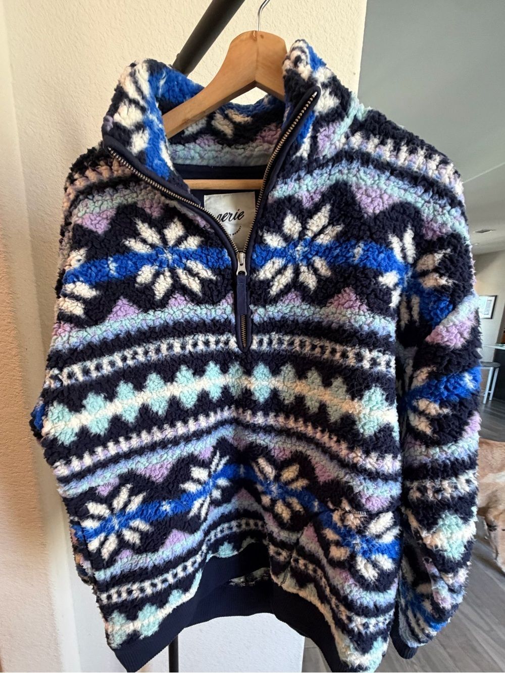 Aerie Fair Isle Nordic Sherpa Quarter-Zip Pullover XS Oversized Blue Lavender